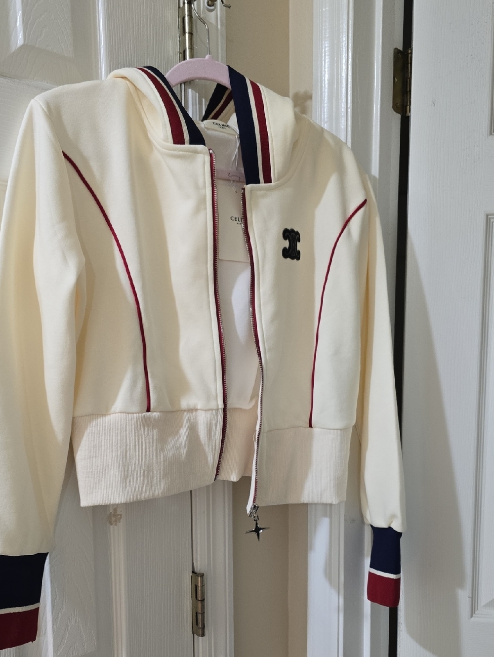 Celine Cream Zip Jacket with Navy & Burgundy Trim